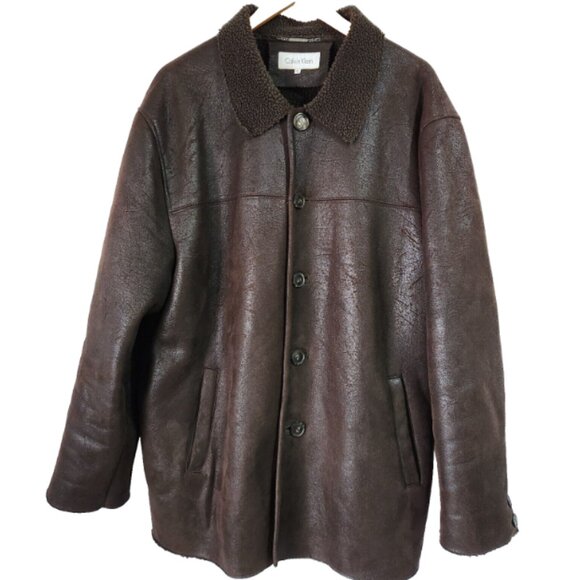 Calvin Klein Coat Mens Size XL Brown Button Up Polyester Faux Sherpa Lining - Picture 1 of 10